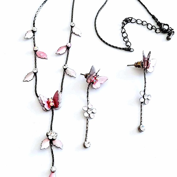 Vintage Romantic Pink Butterfly Leaf Flower Rhinestones Crystals Necklace Set - Picture 1 of 7